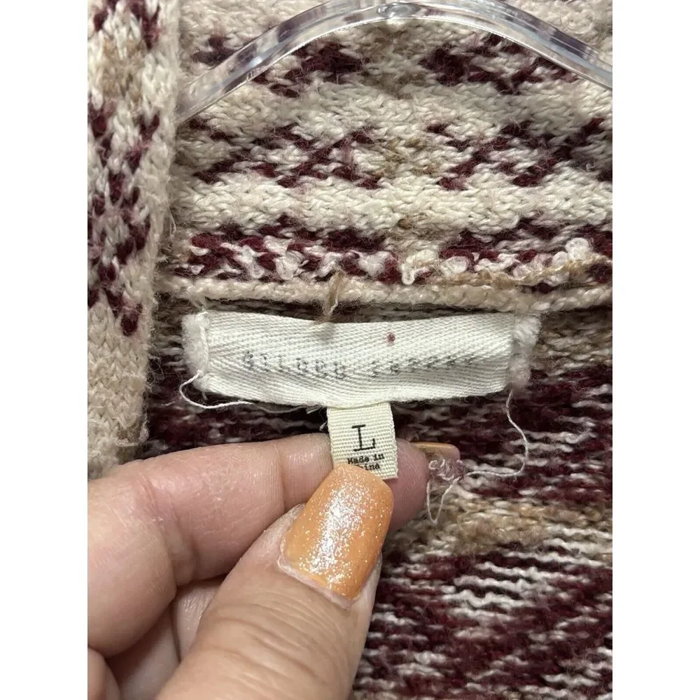 Gilded Intent Open Cardigan Aztec Burgundy/Cream Long Sleeve Size L Knit Pockets